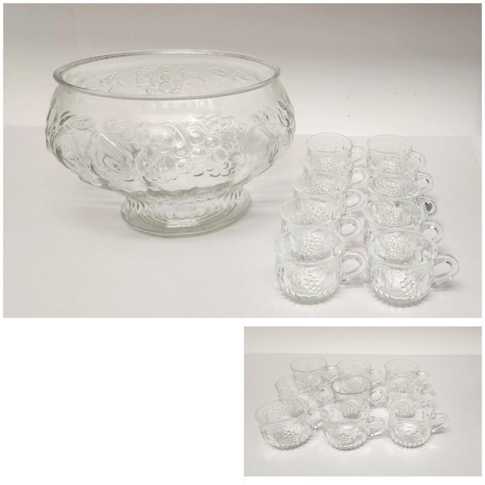 Jeannette 20PCS Glass Fruit Pattern Punch Bowl & Cups Party, Holiday, Hosting